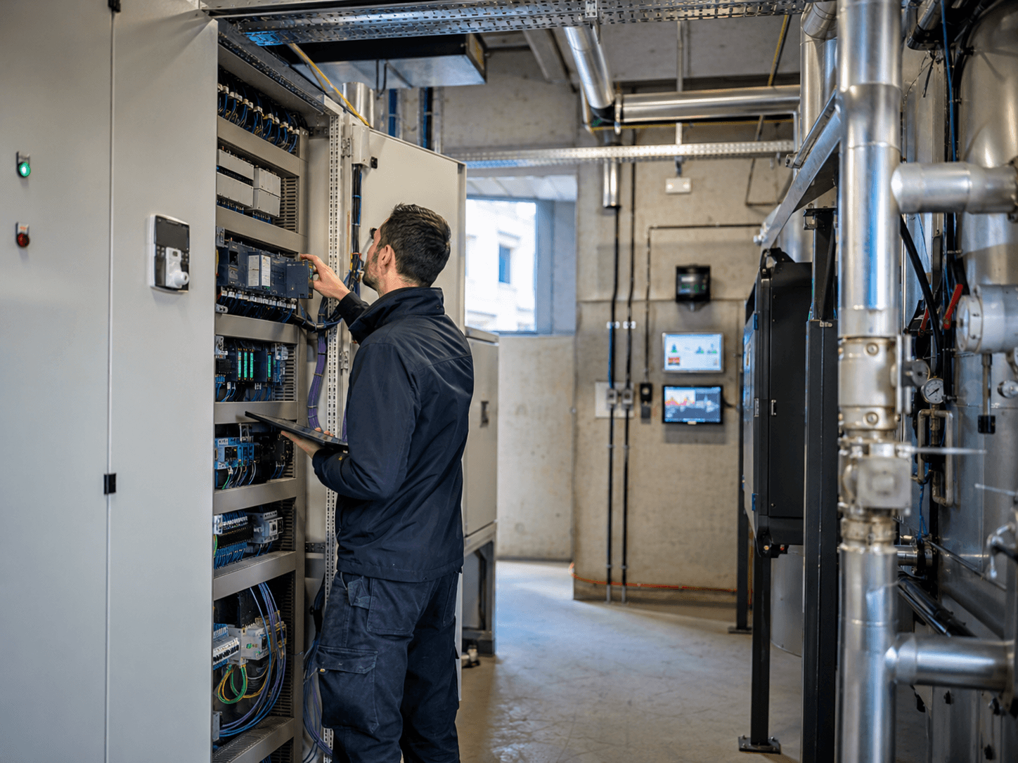 Technicien travaillant sur une armoire électrique