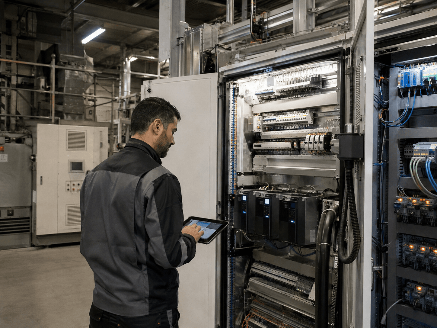 Technicien avec tablette devant une armoire industrielle