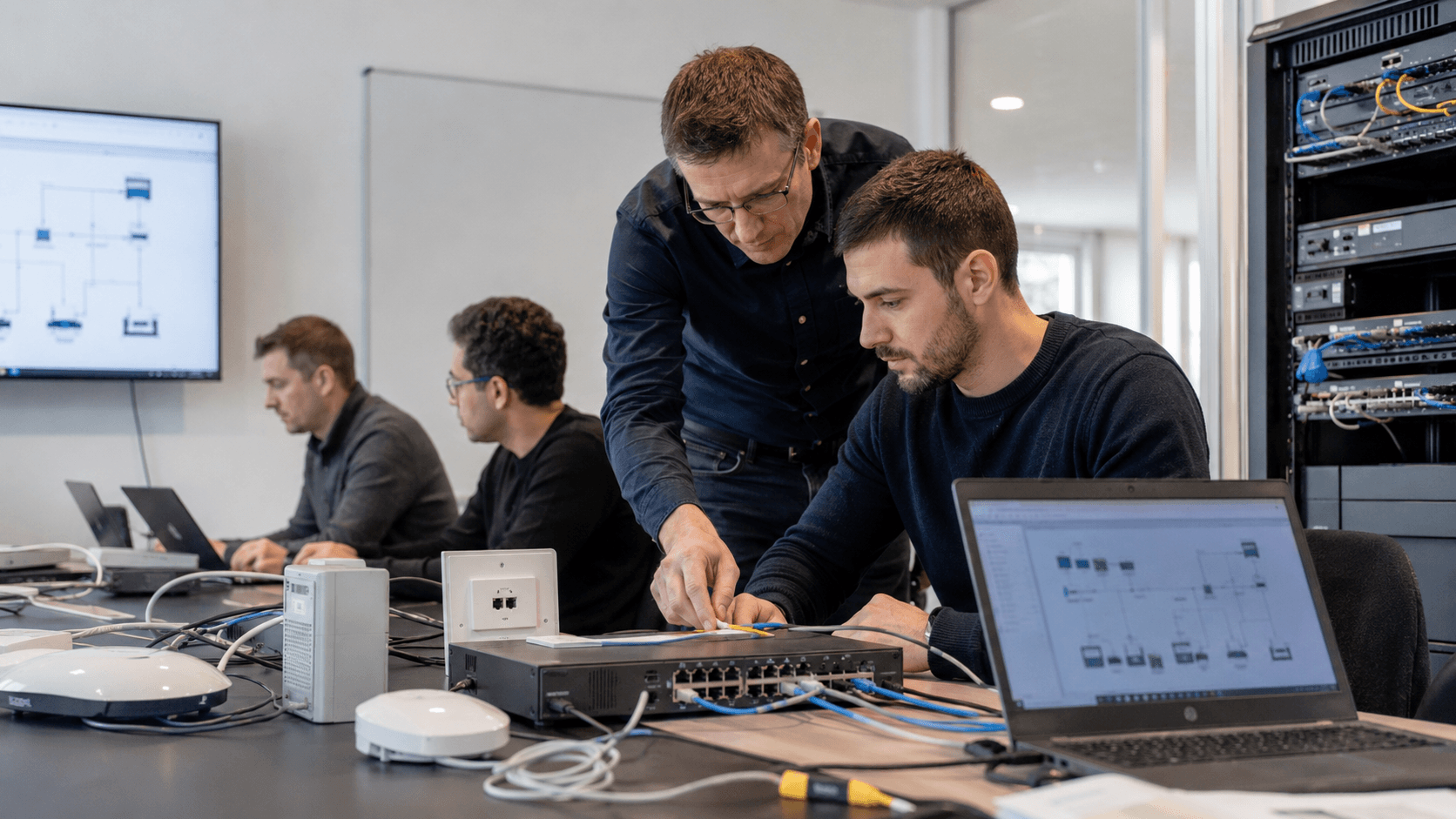 Techniciens configurant un switch réseau