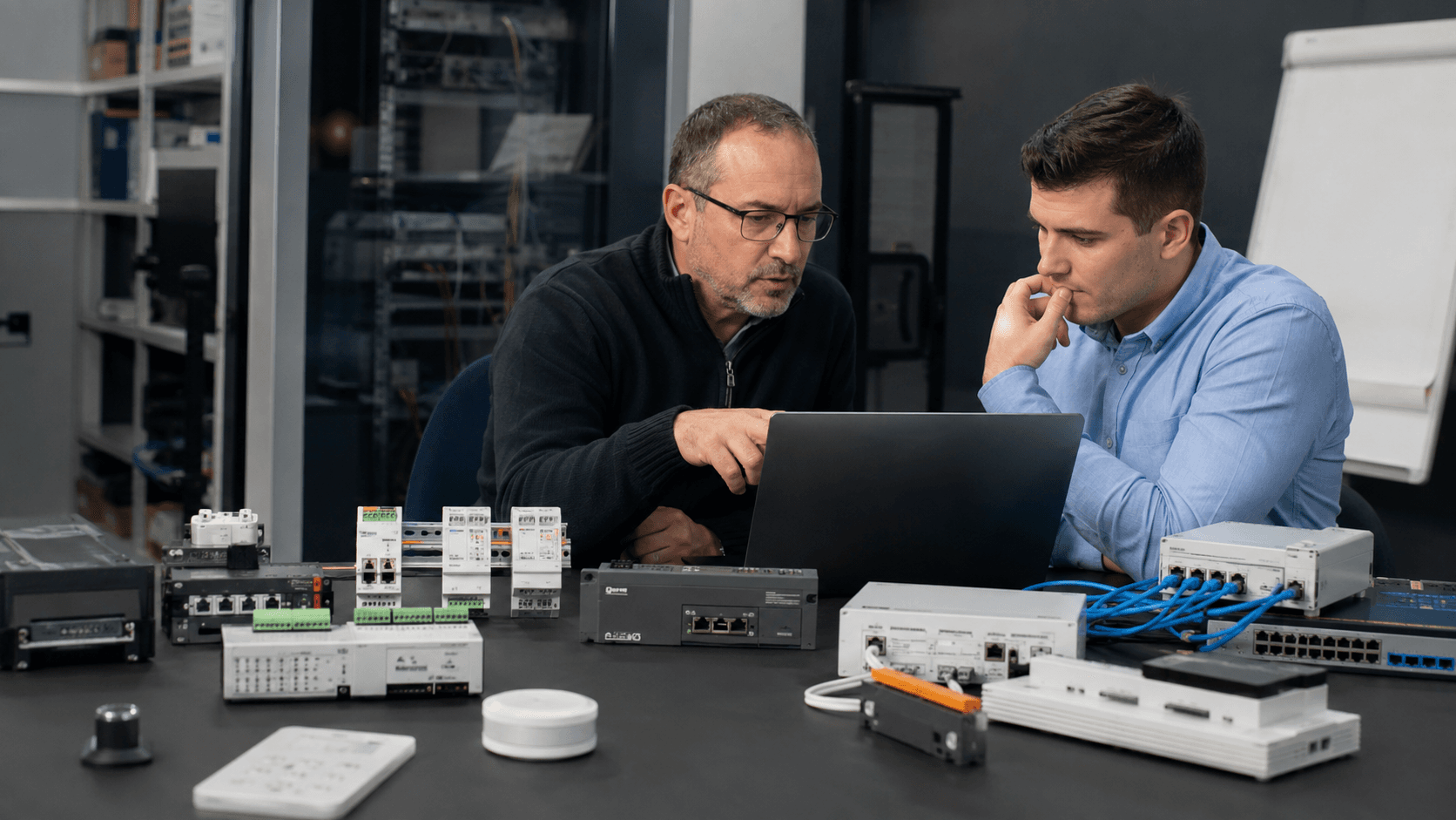 Techniciens travaillant sur un plan d’intégration réseau